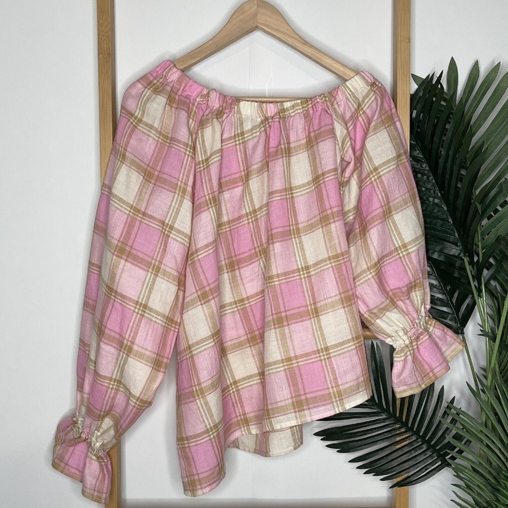 Country Road Pink Check Print Ramie Blouse Top Size 8 Asymmetric Textured Womens - Picture 3 of 13